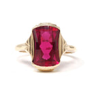 Created Ruby Ring - Mid Century 10k Yellow Gold Checkerboard Hourglass Gemstone - Vintage Circa 1960s Era Size 6 Statement Fine 60s Jewelry