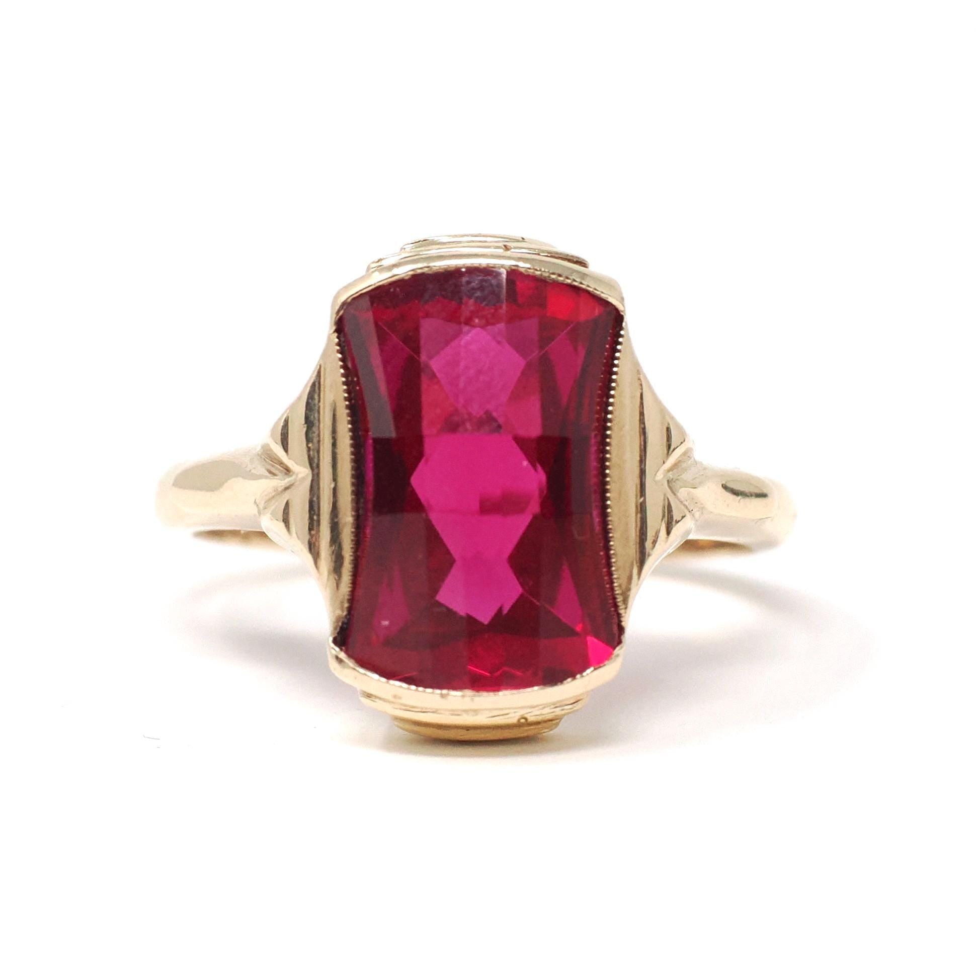 Created Ruby Ring - Mid Century 10k Yellow Gold Checkerboard Hourglass Gemstone - Vintage Circa 1960s Era Size 6 Statement Fine 60s Jewelry