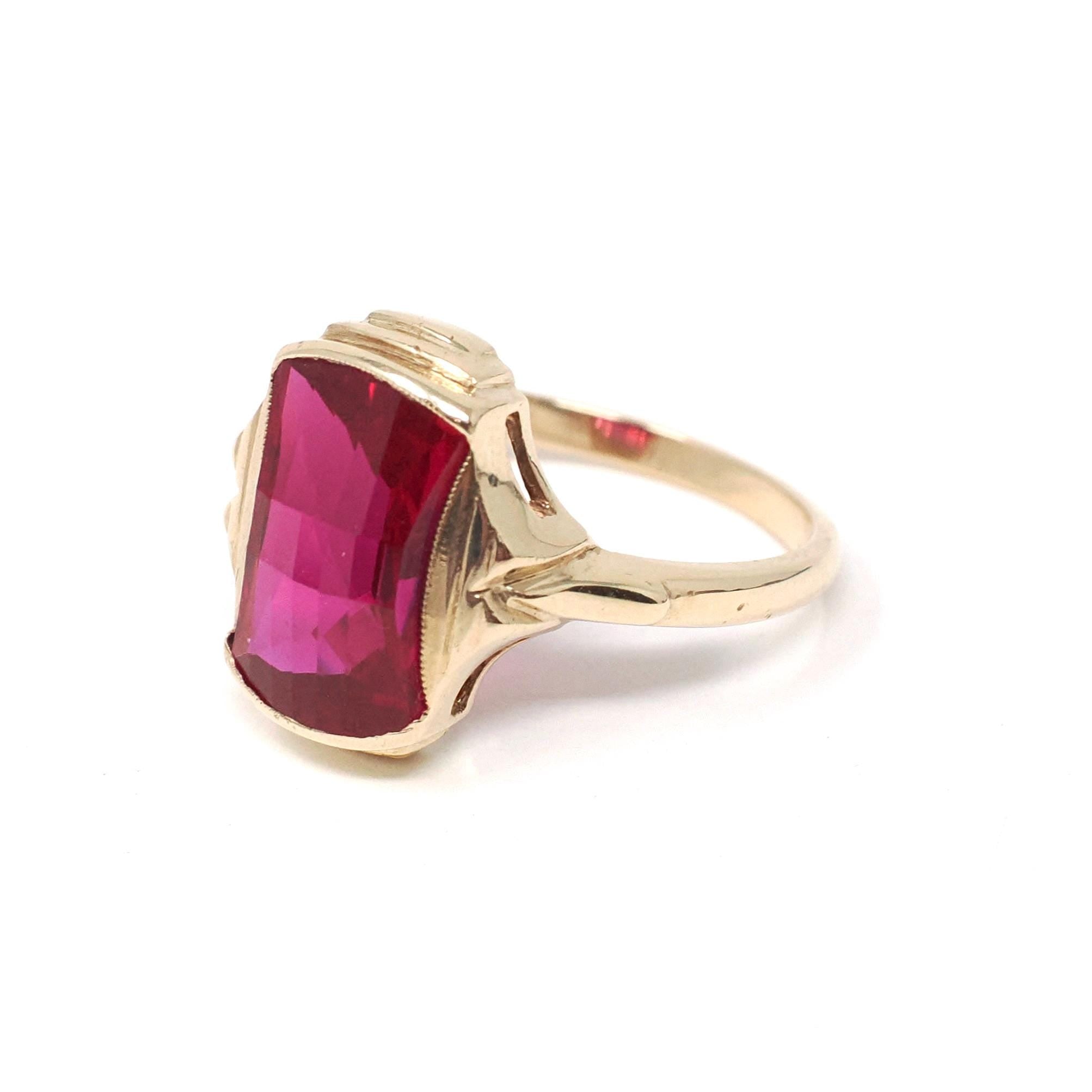 Created Ruby Ring - Mid Century 10k Yellow Gold Checkerboard Hourglass Gemstone - Vintage Circa 1960s Era Size 6 Statement Fine 60s Jewelry