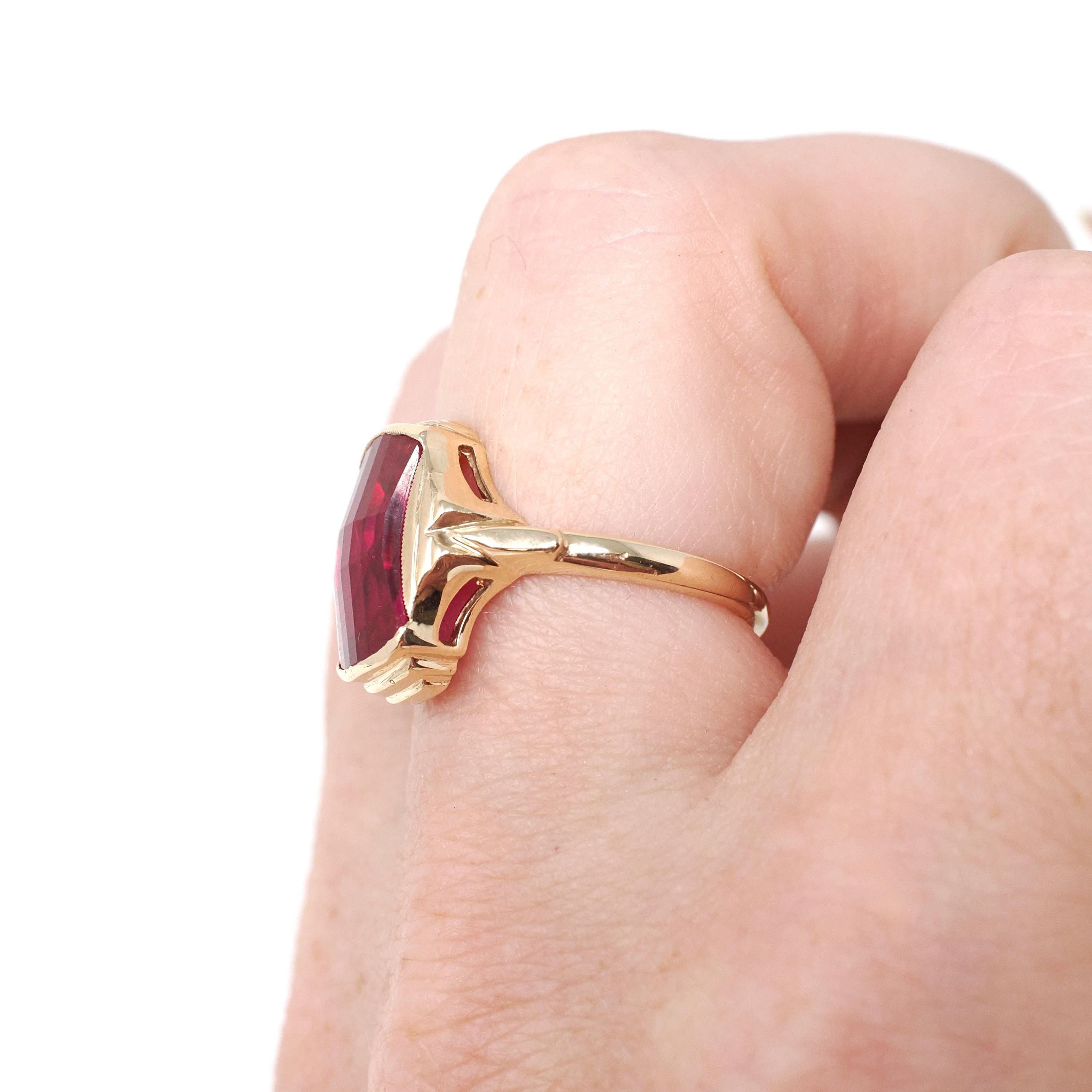 Created Ruby Ring - Mid Century 10k Yellow Gold Checkerboard Hourglass Gemstone - Vintage Circa 1960s Era Size 6 Statement Fine 60s Jewelry