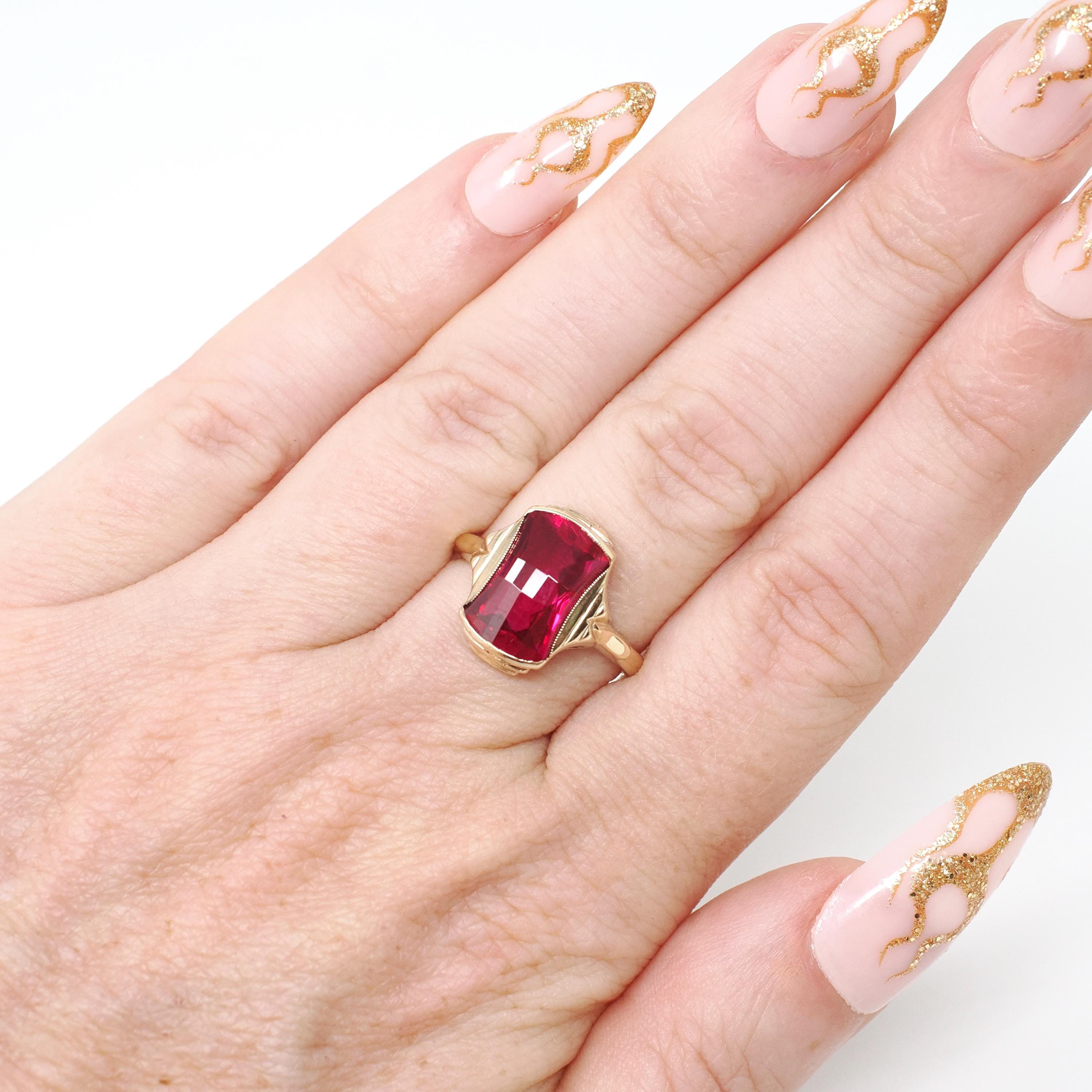 Created Ruby Ring - Mid Century 10k Yellow Gold Checkerboard Hourglass Gemstone - Vintage Circa 1960s Era Size 6 Statement Fine 60s Jewelry