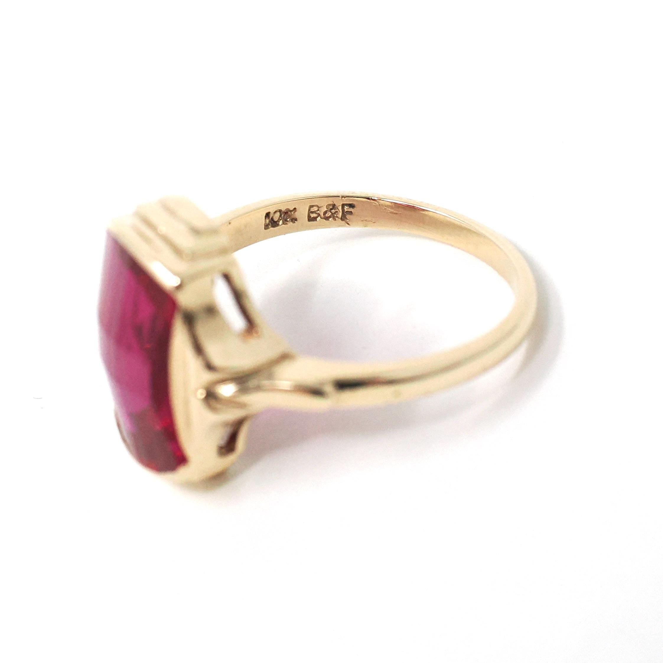 Created Ruby Ring - Mid Century 10k Yellow Gold Checkerboard Hourglass Gemstone - Vintage Circa 1960s Era Size 6 Statement Fine 60s Jewelry