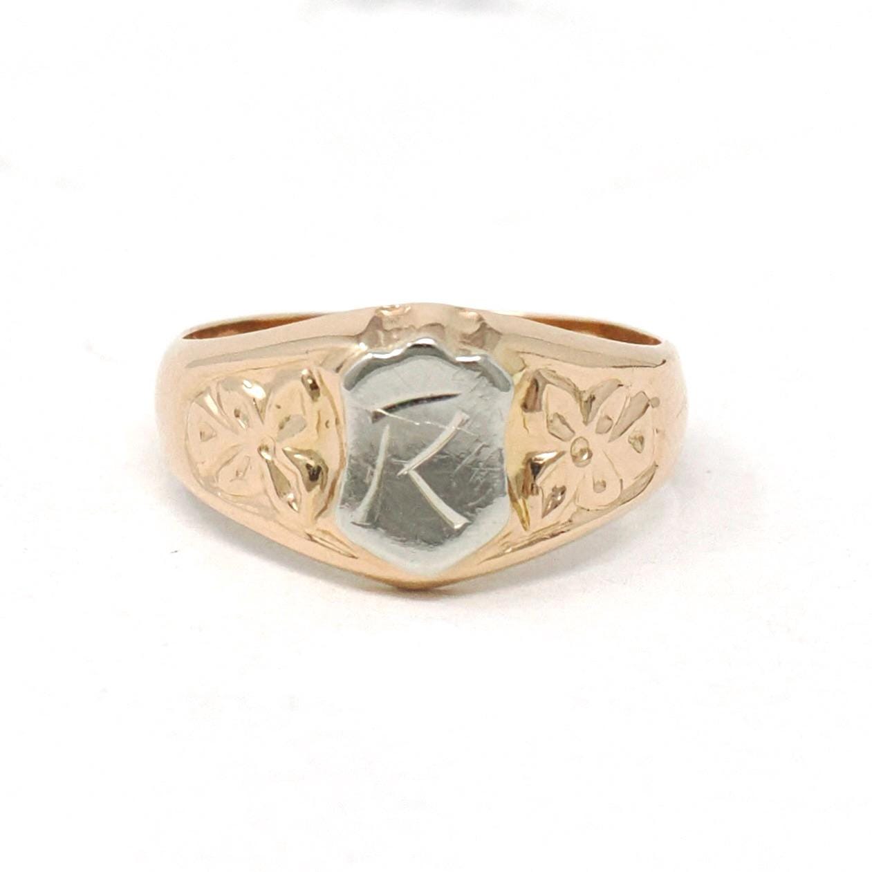 Vintage "R" Signet Ring - Estate 18k Yellow & White Gold Two Tone Shield Floral Midi Pinky - Modern Circa 1990s Size 2 Initial Fine Jewelry