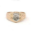 Vintage "R" Signet Ring - Estate 18k Yellow & White Gold Two Tone Shield Floral Midi Pinky - Modern Circa 1990s Size 2 Initial Fine Jewelry