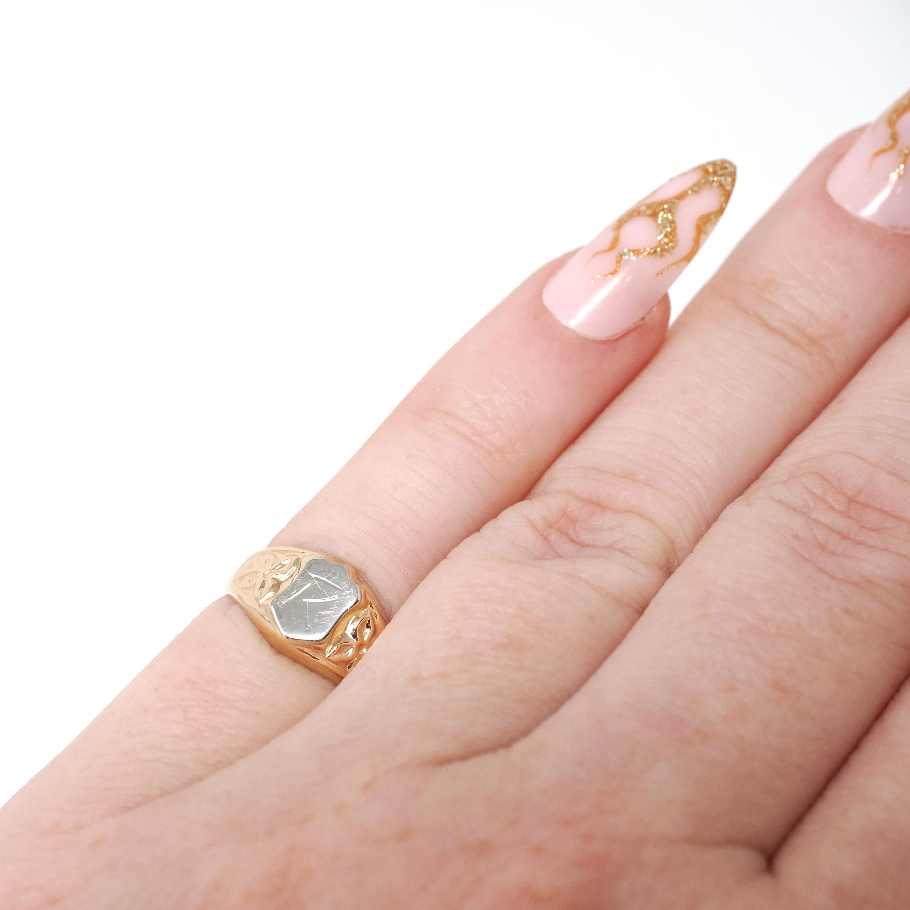 Vintage "R" Signet Ring - Estate 18k Yellow & White Gold Two Tone Shield Floral Midi Pinky - Modern Circa 1990s Size 2 Initial Fine Jewelry