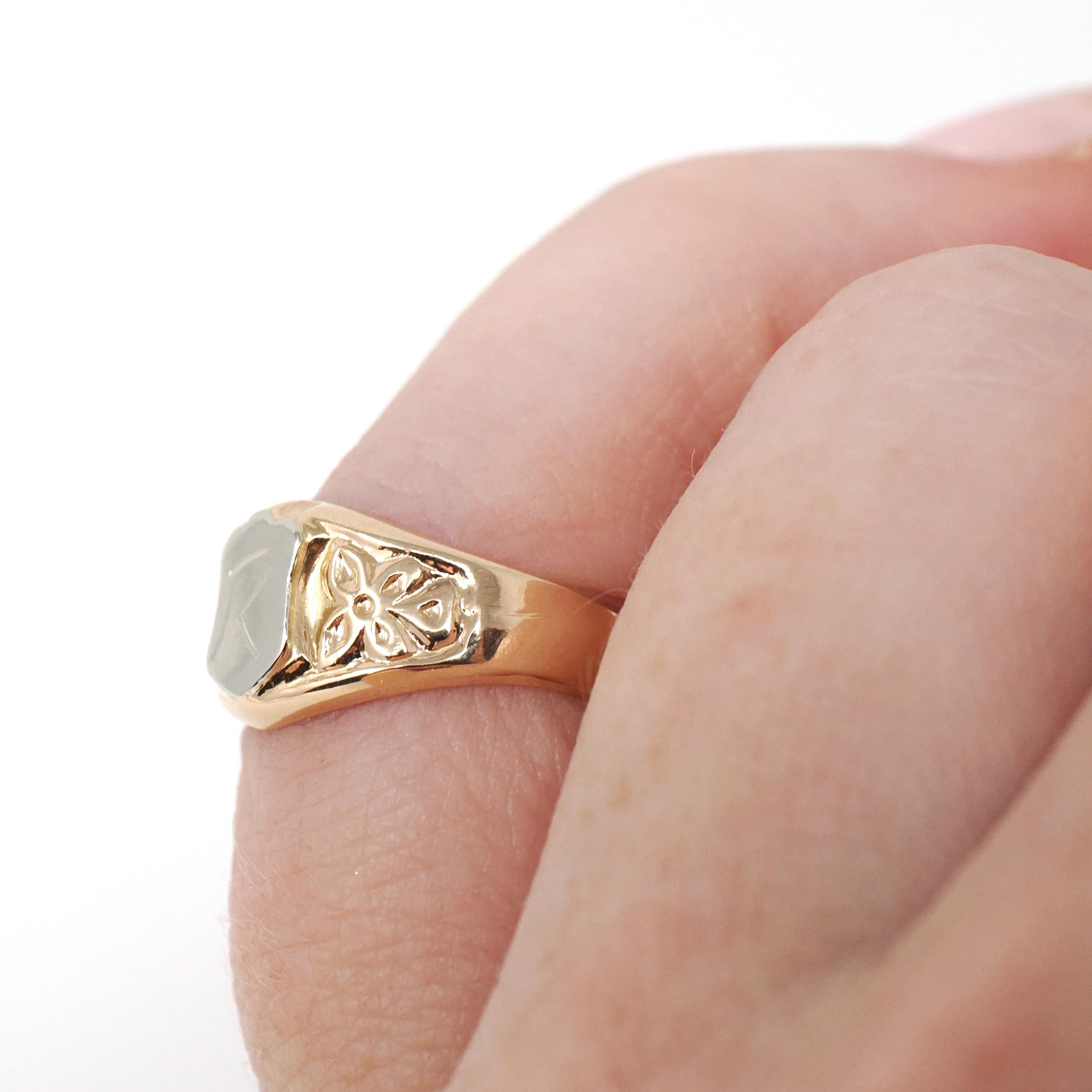 Vintage "R" Signet Ring - Estate 18k Yellow & White Gold Two Tone Shield Floral Midi Pinky - Modern Circa 1990s Size 2 Initial Fine Jewelry