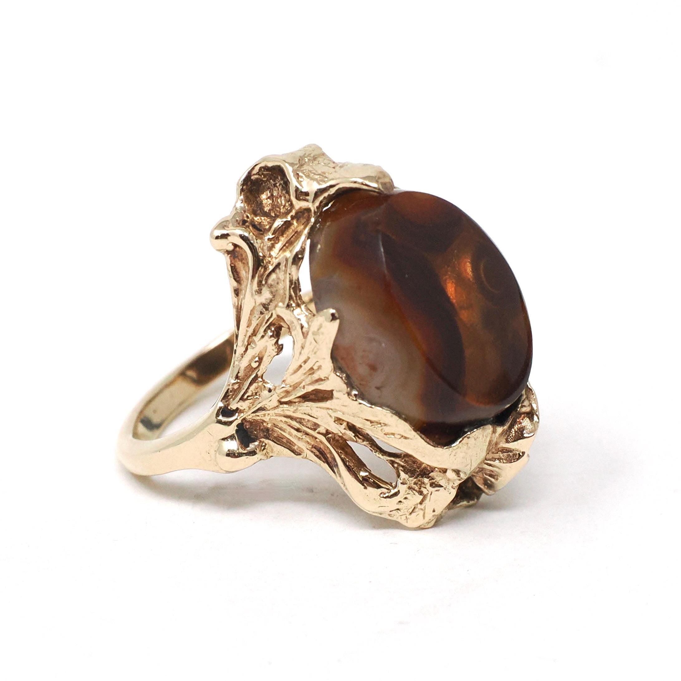 Vintage Fire Agate Ring - Art Nouveau Style 10k Yellow Gold Oval Iridescent Brown Gemstone - 1970s Size 5 Nature Inspired Fine Jewelry