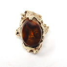 Vintage Fire Agate Ring - Art Nouveau Style 10k Yellow Gold Oval Iridescent Brown Gemstone - 1970s Size 5 Nature Inspired Fine Jewelry