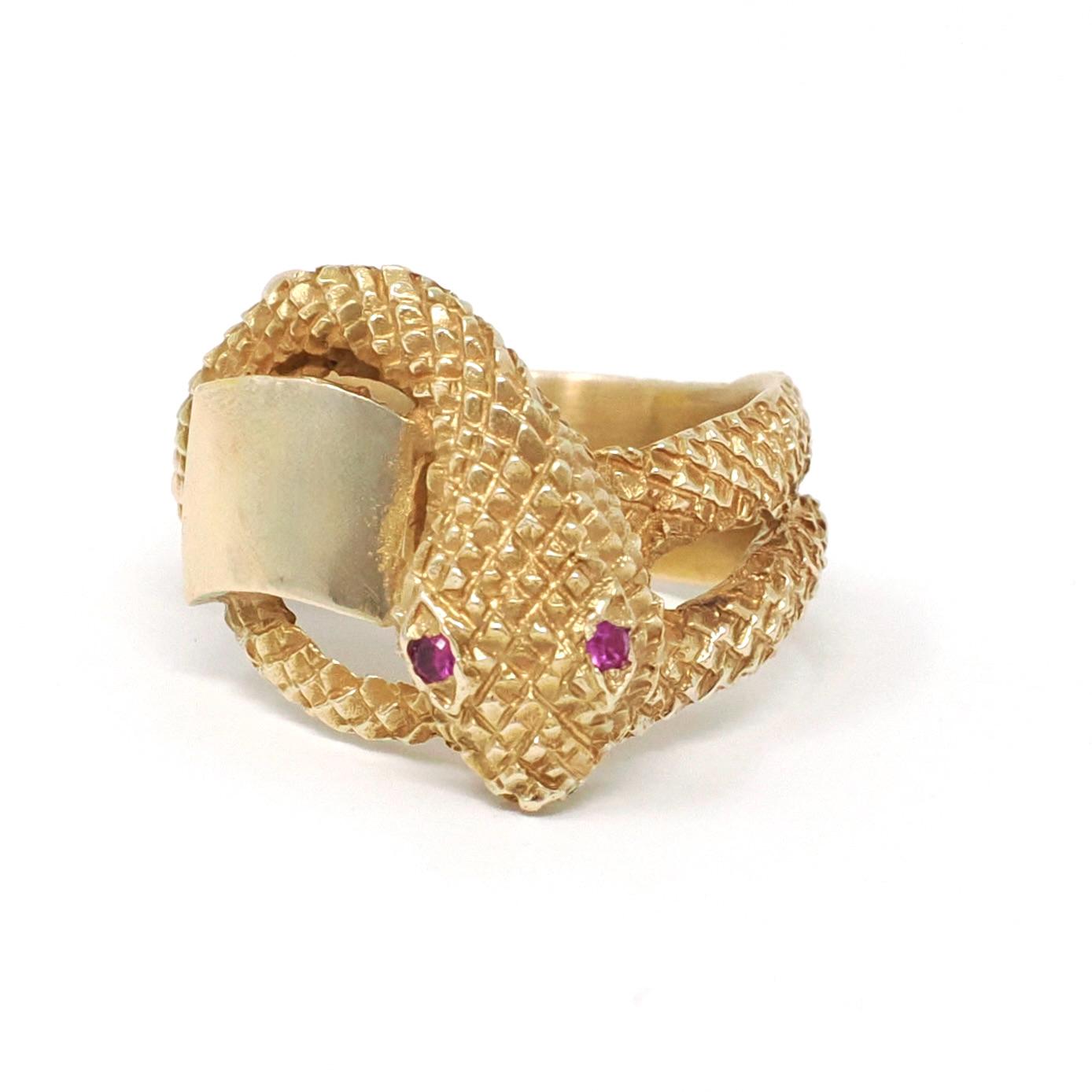 Vintage Snake Ring - Retro 10k Yellow Gold Serpent Scales Wrap Band Created Ruby Blank Signet - Circa 1970s Size 8 Engravable Fine Jewelry