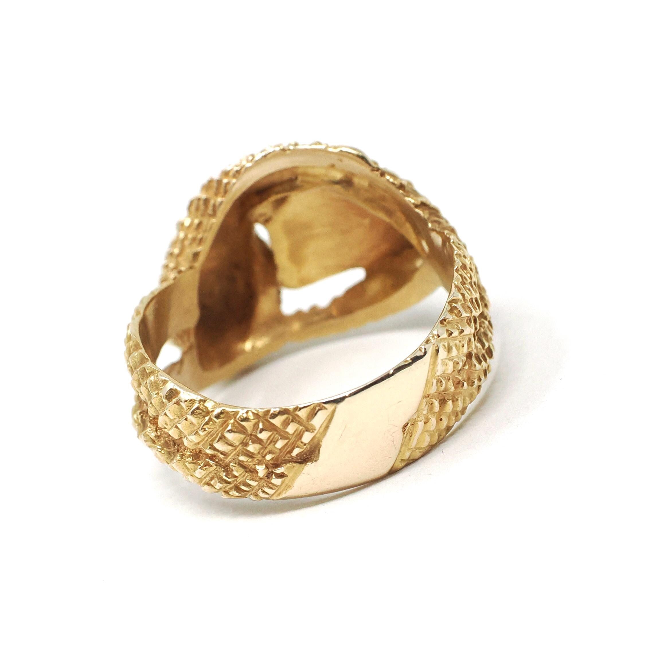 Vintage Snake Ring - Retro 10k Yellow Gold Serpent Scales Wrap Band Created Ruby Blank Signet - Circa 1970s Size 8 Engravable Fine Jewelry