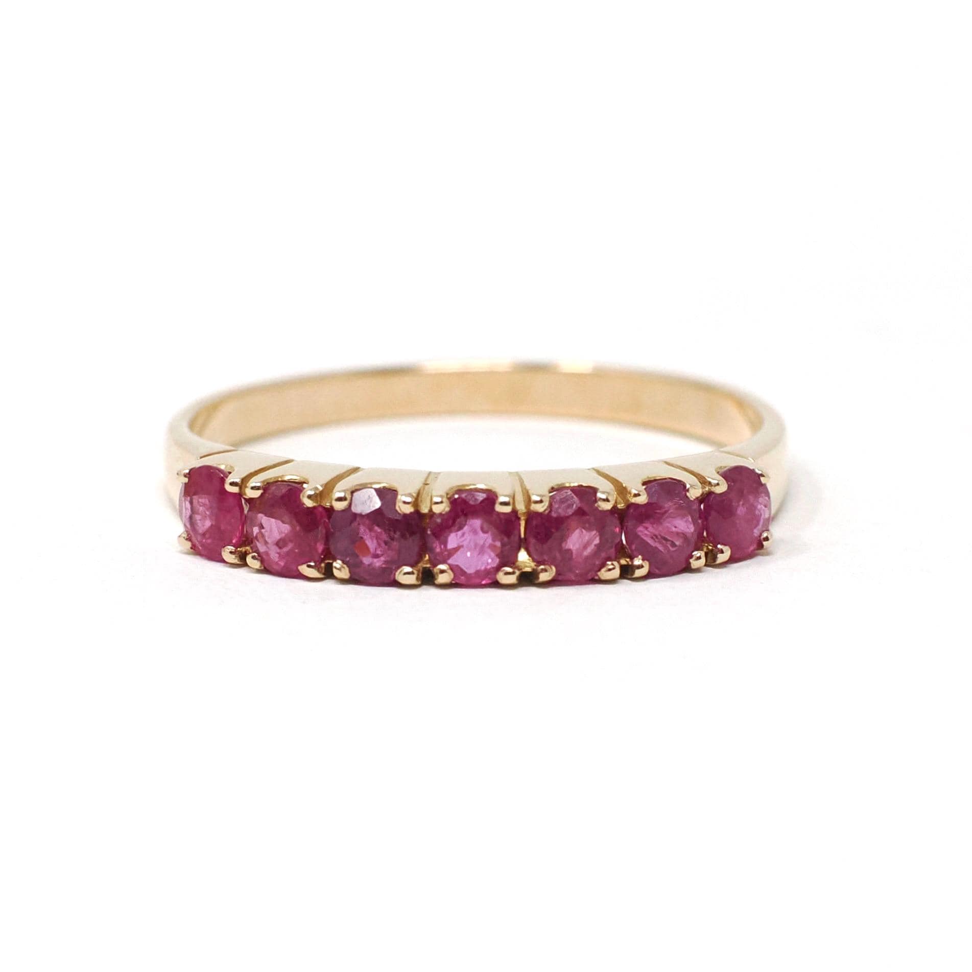 Modern Ruby Band - Estate 14k Yellow Gold Round Faceted Gems Stacking Ring - Vintage Circa 1990's Era Size 7 3/4 July Birthstone Jewelry