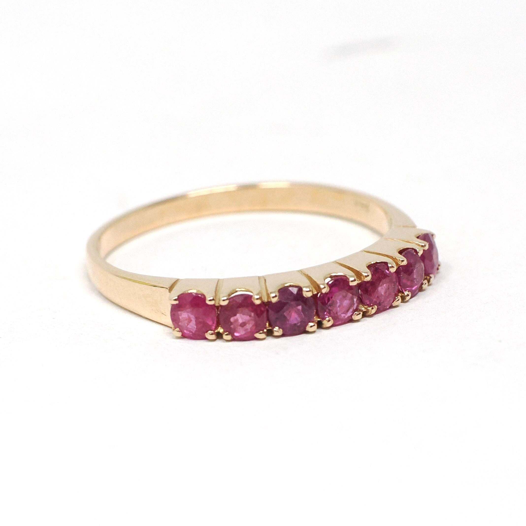 Modern Ruby Band - Estate 14k Yellow Gold Round Faceted Gems Stacking Ring - Vintage Circa 1990's Era Size 7 3/4 July Birthstone Jewelry