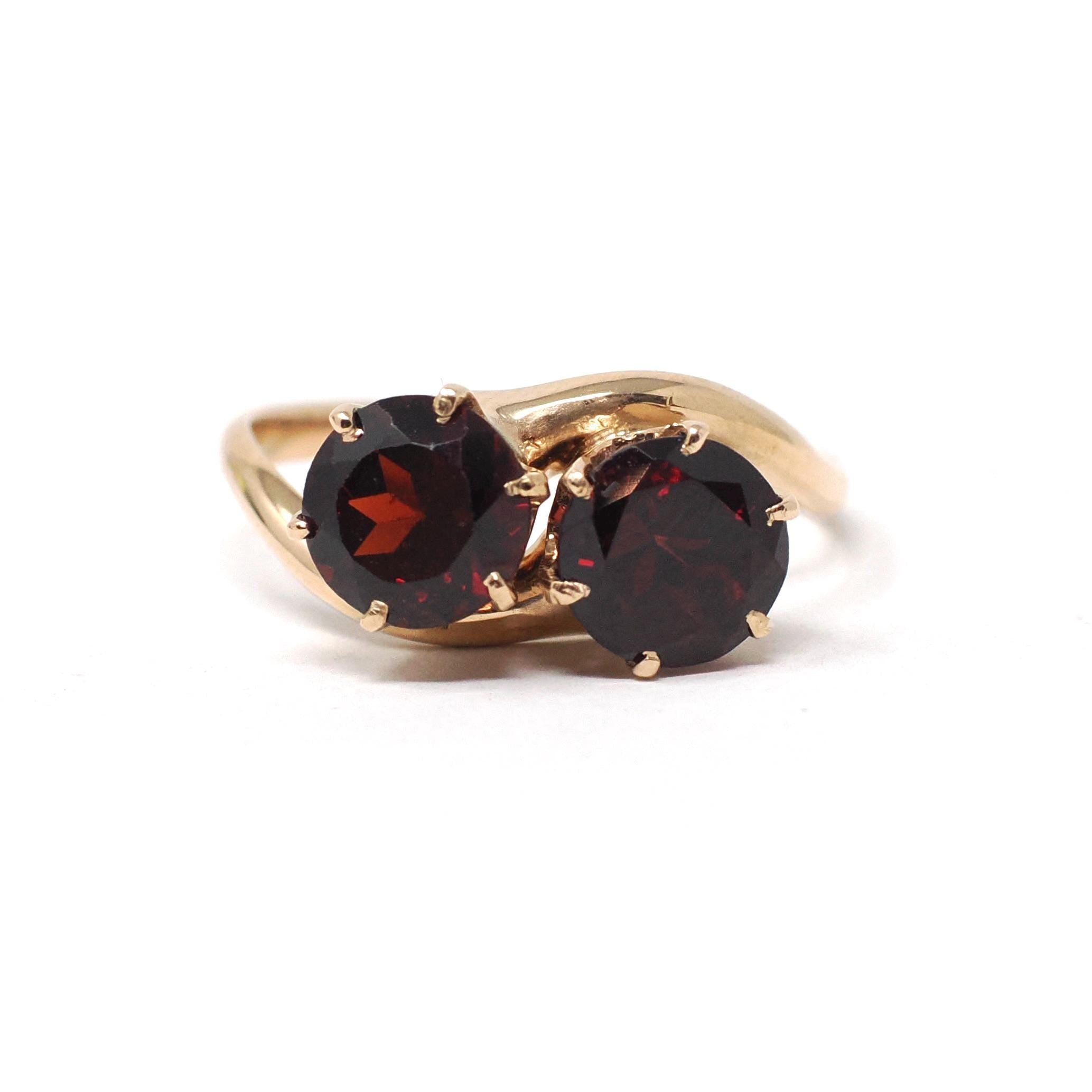 Toi Et Moi Ring - Vintage 10k Rosy Yellow Gold Red Garnet Gems Bypass - Retro Circa 1940s Era Size 5 1/2 January Birthstone Fine Jewelry