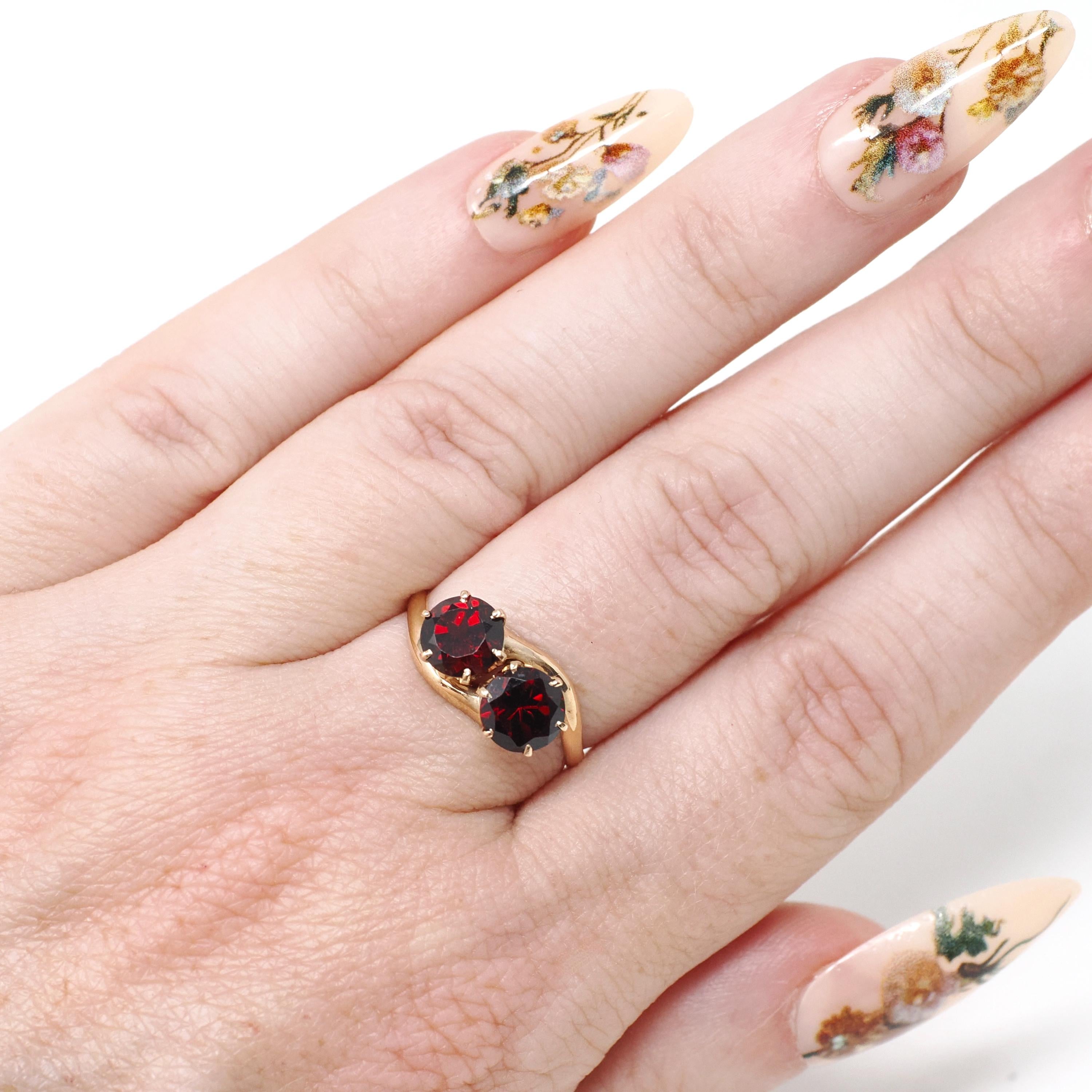 Toi Et Moi Ring - Vintage 10k Rosy Yellow Gold Red Garnet Gems Bypass - Retro Circa 1940s Era Size 5 1/2 January Birthstone Fine Jewelry