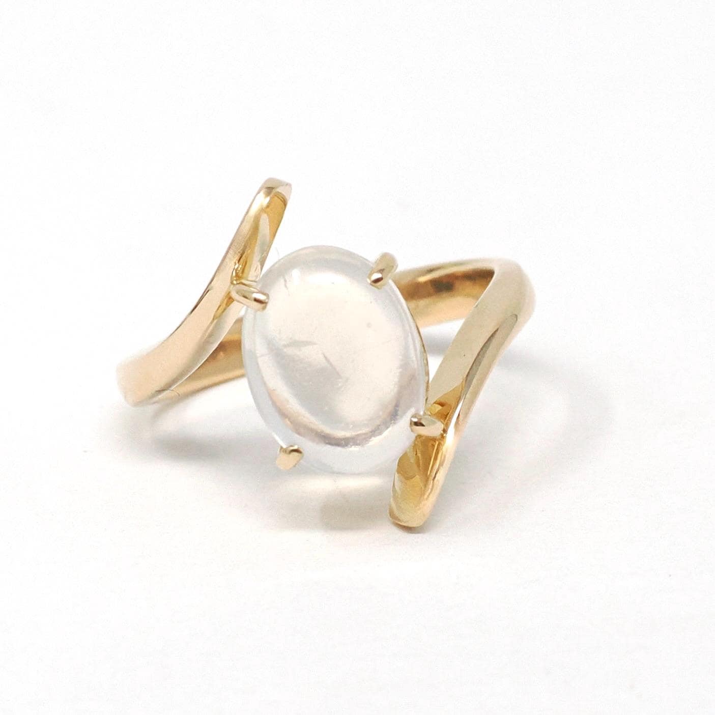 Moonstone Bypass Ring - Vintage 18k Yellow Gold Natural Oval Cabochon Gem -Modern Estate Size 5 3/4 June Birthstone Fine Statement Jewelry