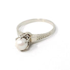 Cultured Pearl Ring - Art Deco 14k White Gold Basket Wheat Designs - Vintage Circa 1930s Size 4 3/4 Solitaire June Birthstone Fine Jewelry