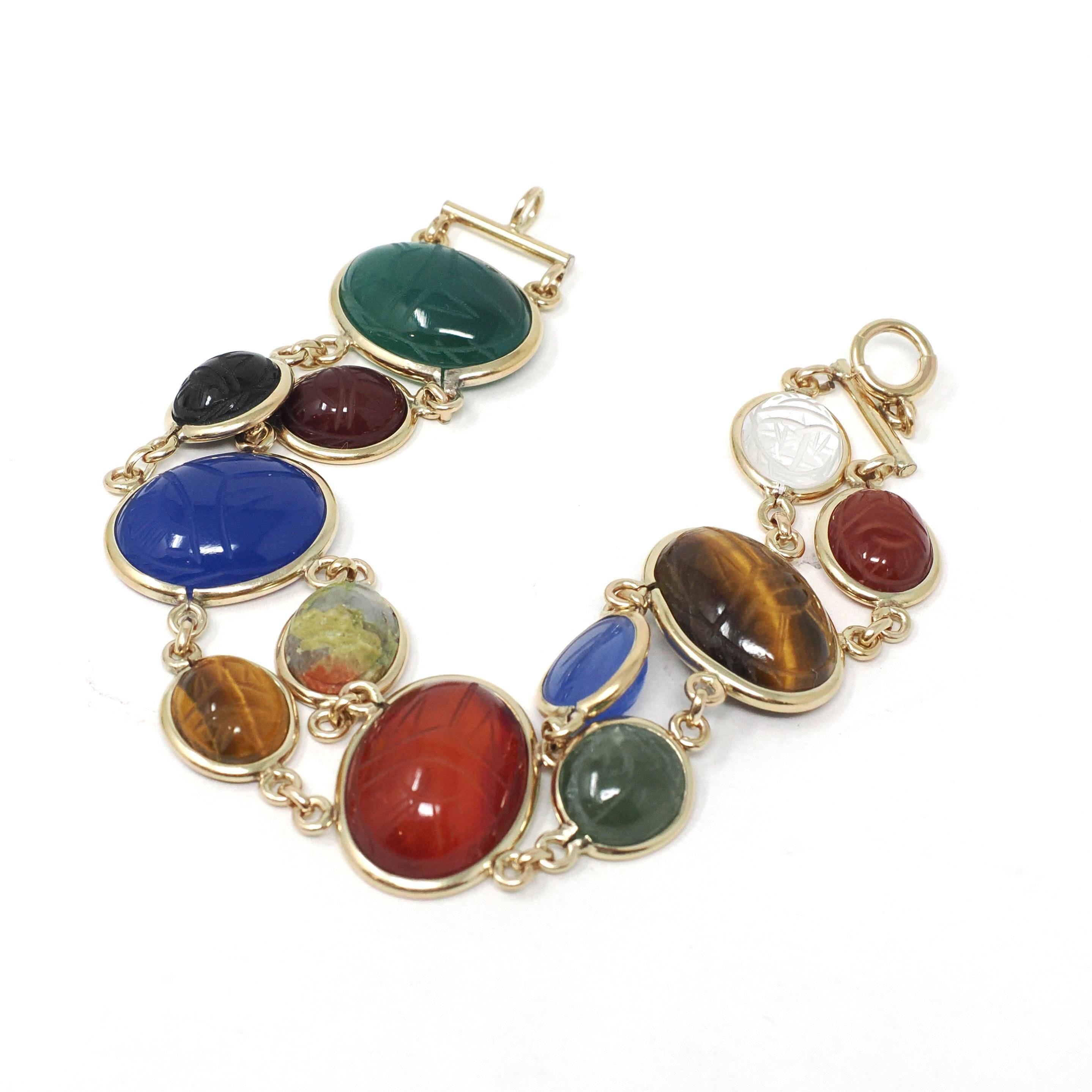 Vintage Scarab Bracelet - Mid Century Gold Filled Carved Natural Multi Gemstones - Circa 1960s Era Egyptian Revival Fashion Jewelry