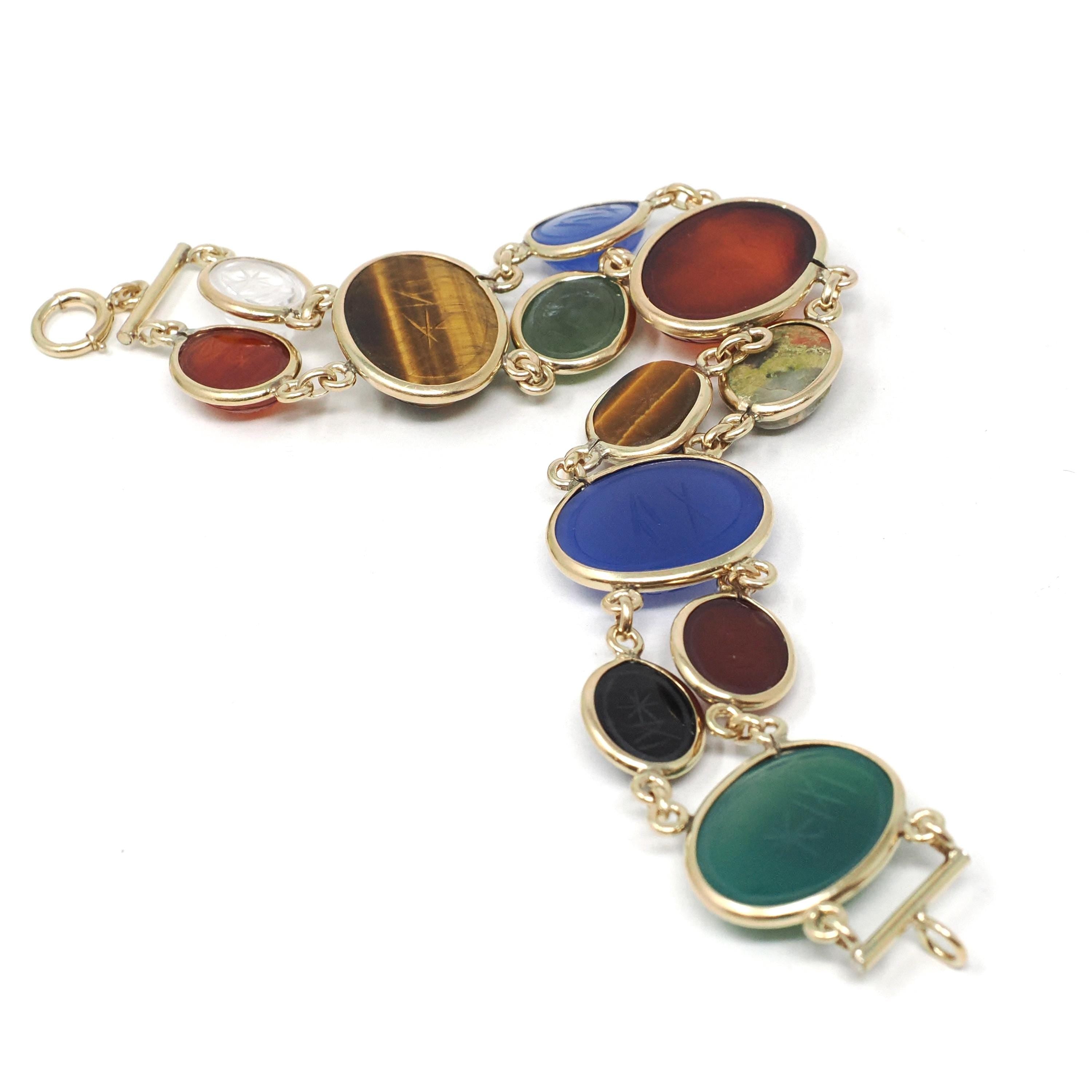 Vintage Scarab Bracelet - Mid Century Gold Filled Carved Natural Multi Gemstones - Circa 1960s Era Egyptian Revival Fashion Jewelry
