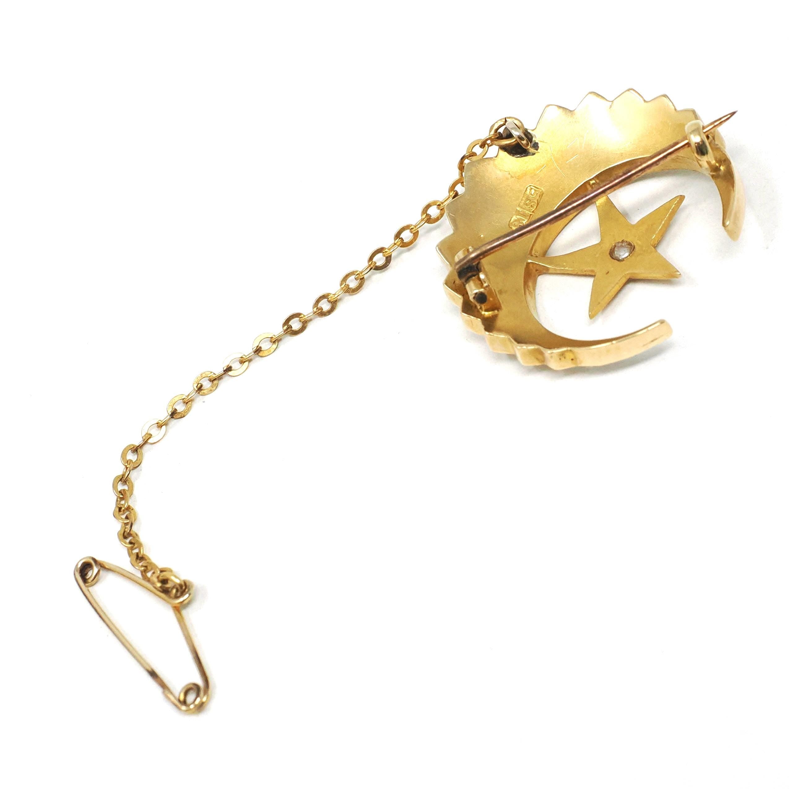 Antique Celestial Brooch - Victorian 18k Yellow Gold Seed Pearl Gemstones - Circa 1890s Era Crescent Moon & Star Pin Fine Statement Jewelry
