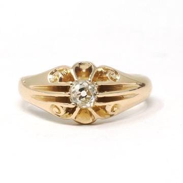 Edwardian Diamond Ring - Antique 18k Yellow Gold .40 CT Men's Unisex Belcher Solitaire - Vintage 1910s Size 8 1/2 Fine Engagement Jewelry