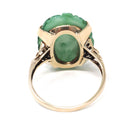 Art Deco Ring - Retro 10k Yellow Gold Carved Mottled Green Glass Oval Stone - Vintage Circa 1940s Era Size 7 3/4 Statement Fine 40s Jewelry