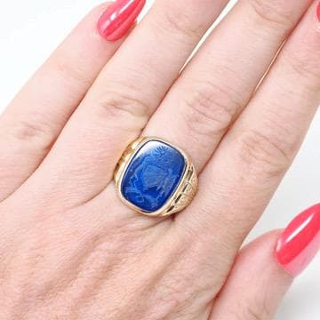 Created Spinel Intaglio Ring - Mid Century 10k Yellow Gold Carved Blue Coat Of Arms Gemstone Signet - Dated 1956 Size 7 Fine Lineage Jewelry