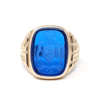 Created Spinel Intaglio Ring - Mid Century 10k Yellow Gold Carved Blue Coat Of Arms Gemstone Signet - Dated 1956 Size 7 Fine Lineage Jewelry
