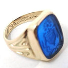Created Spinel Intaglio Ring - Mid Century 10k Yellow Gold Carved Blue Coat Of Arms Gemstone Signet - Dated 1956 Size 7 Fine Lineage Jewelry