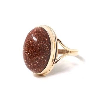 Vintage Goldstone Ring - Mid Century 10k Yellow Gold Glittery Brown Aventurine Glass - Circa 1940s Era Size 4 1/4 Cabochon Cut Fine Jewelry