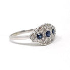 Mid Century Cluster Ring - Vintage 14k White Gold Natural Blue Sapphire & Diamond Princess Style - Circa 1950s Era Size 10 1/2 Fine Jewelry