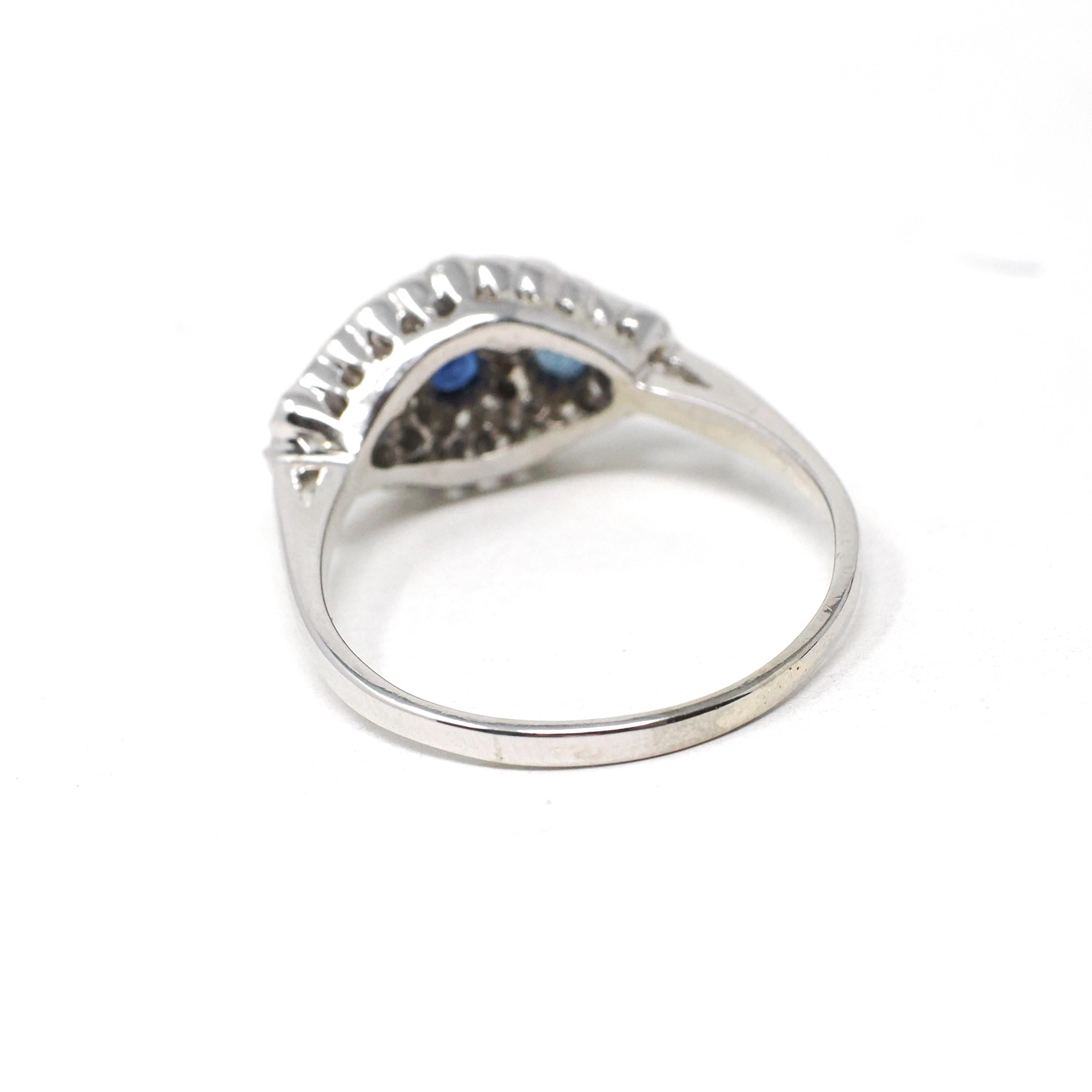 Mid Century Cluster Ring - Vintage 14k White Gold Natural Blue Sapphire & Diamond Princess Style - Circa 1950s Era Size 10 1/2 Fine Jewelry
