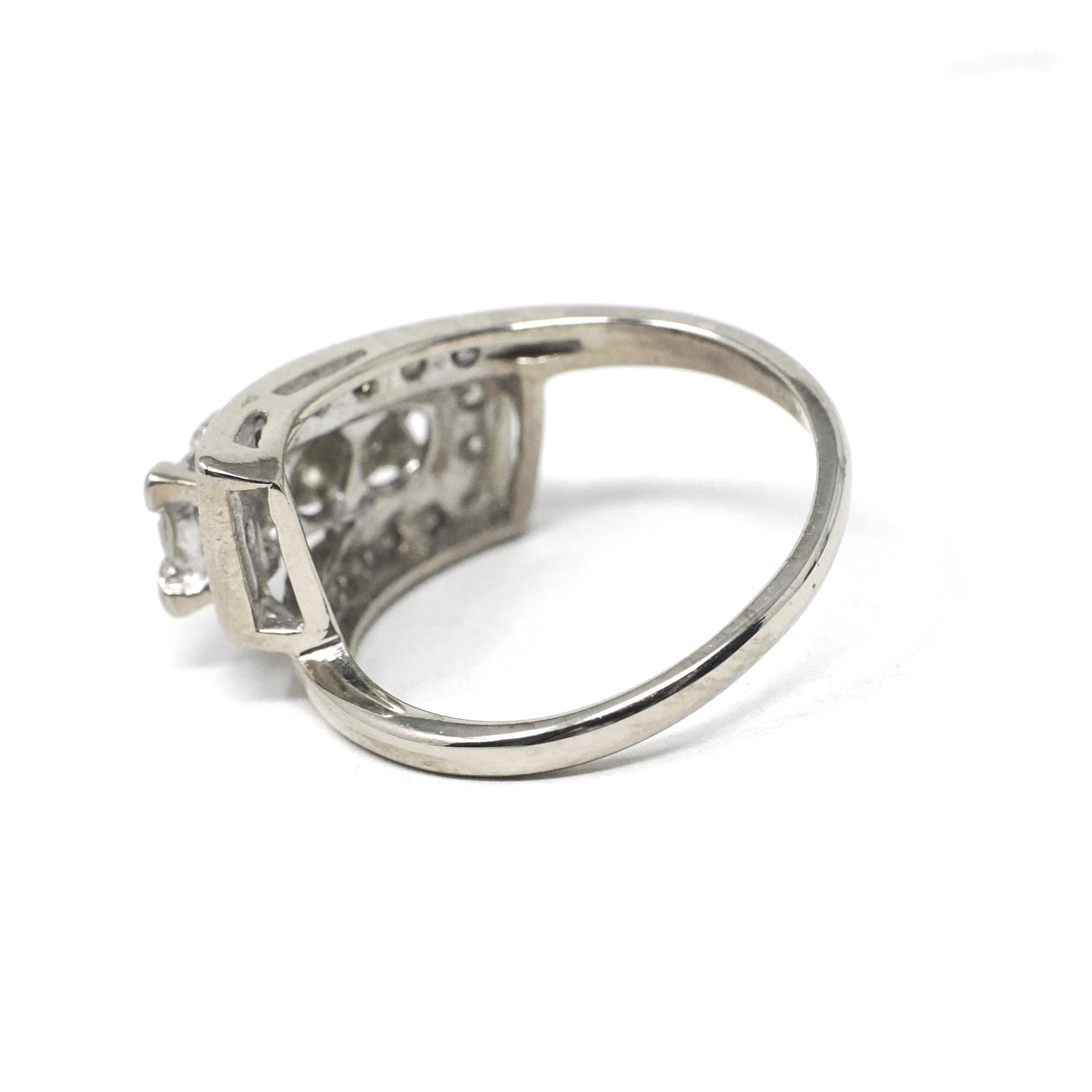 Mid Century Diamond Ring - Vintage 14k White Gold Natural .90 CTW Cocktail Bypass Band - Circa 1950s Era Size 6 1/2 Fine Statement Jewelry