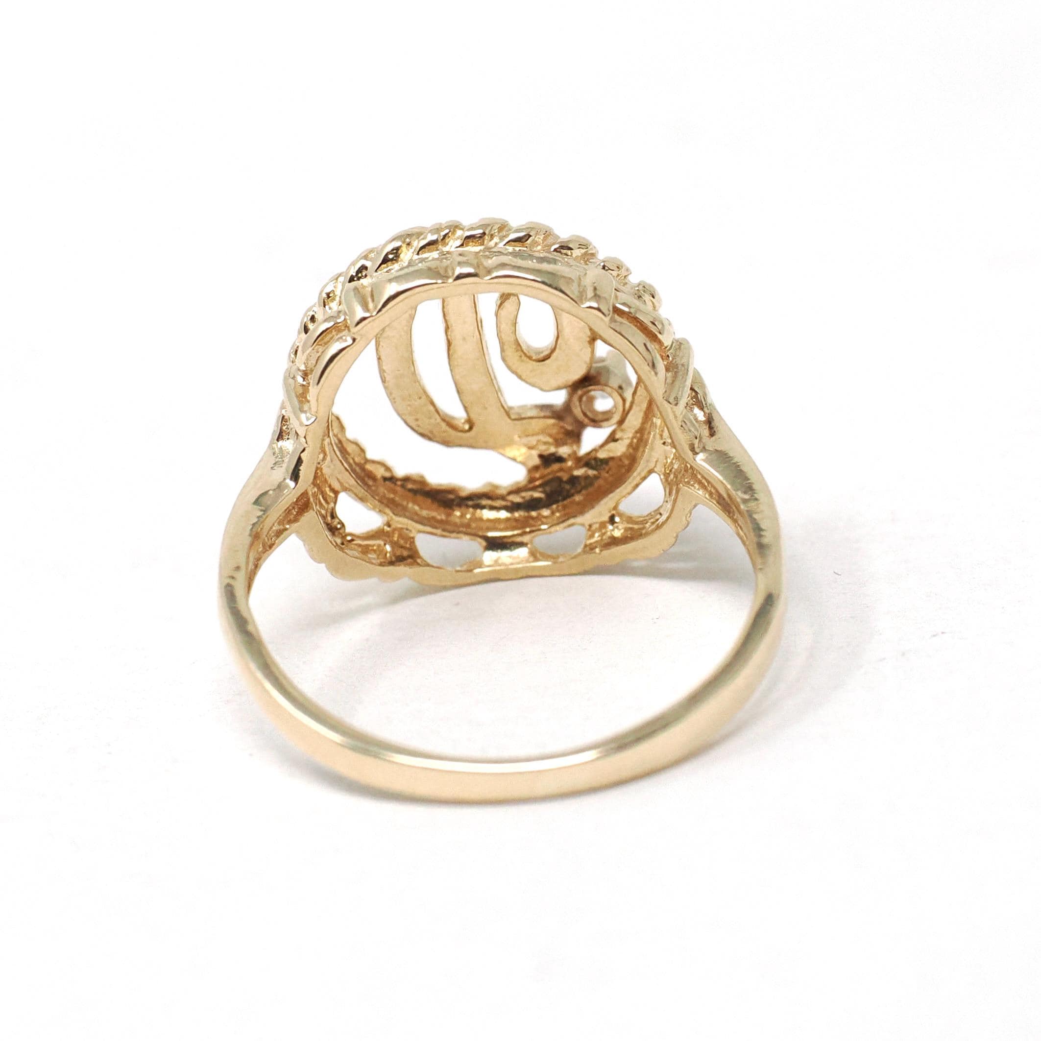 Letter "D" Ring - Estate 14k Yellow Gold Natural Diamond Twisted Rope Design - Vintage Circa 1990s Era Size 4 1/4 Statement 90s Fine Jewelry