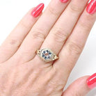 Aquamarine Filigree Ring - Art Deco 14k Yellow Gold Hexagon Cut Gem - Vintage Circa 1930s Era Size 6 1/4 Engagement March Birthstone Jewelry