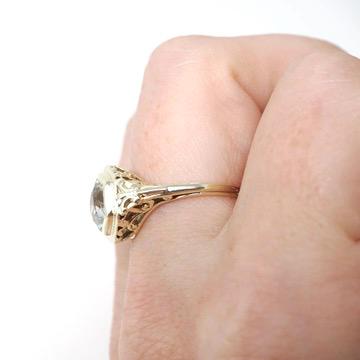 Aquamarine Filigree Ring - Art Deco 14k Yellow Gold Hexagon Cut Gem - Vintage Circa 1930s Era Size 6 1/4 Engagement March Birthstone Jewelry