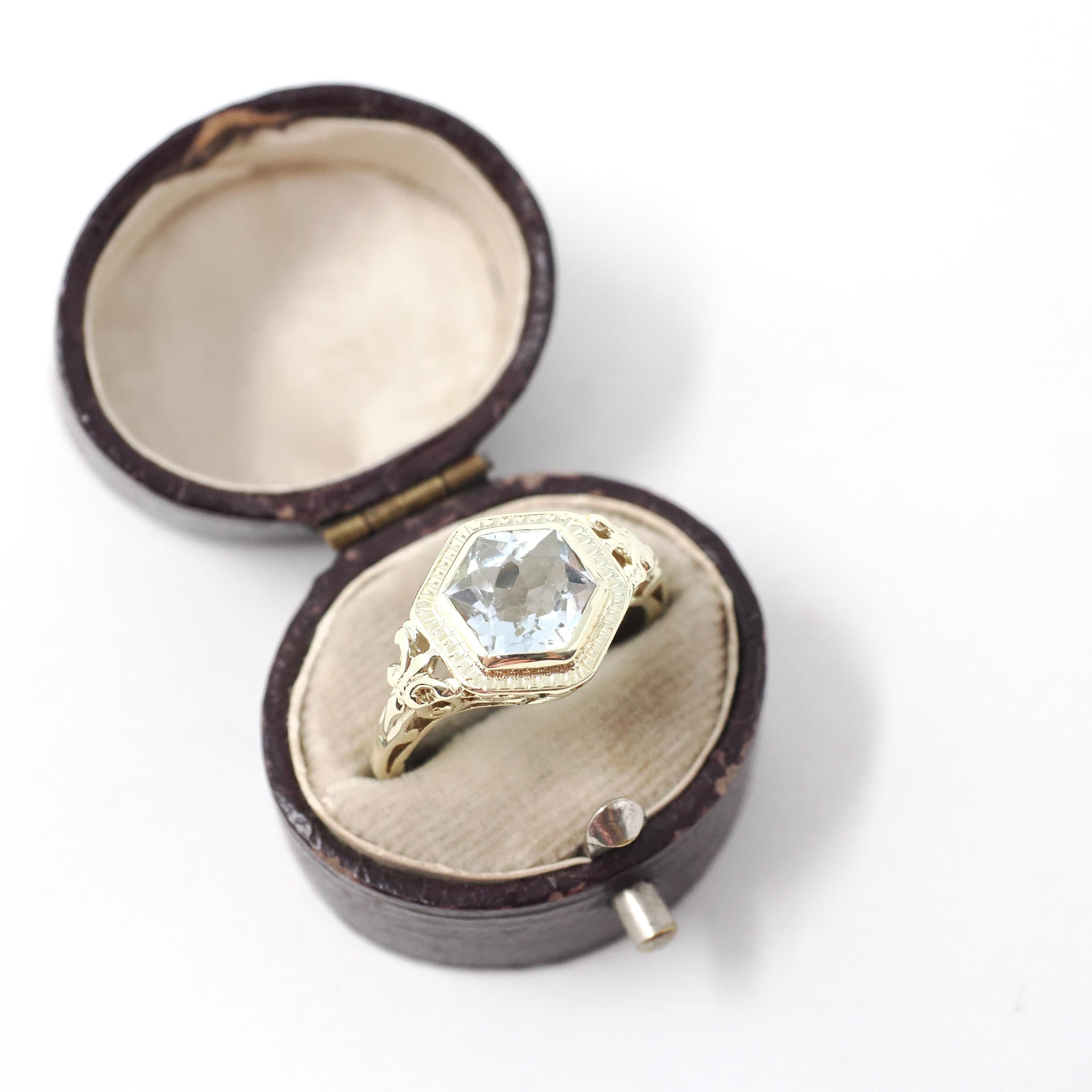 Aquamarine Filigree Ring - Art Deco 14k Yellow Gold Hexagon Cut Gem - Vintage Circa 1930s Era Size 6 1/4 Engagement March Birthstone Jewelry