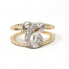 Letter "C" Ring - Estate 14k Yellow & White Gold Initial Monogram Diamonds - Modern Circa 1990s Era Size 5 Statement Twisted Design Jewelry