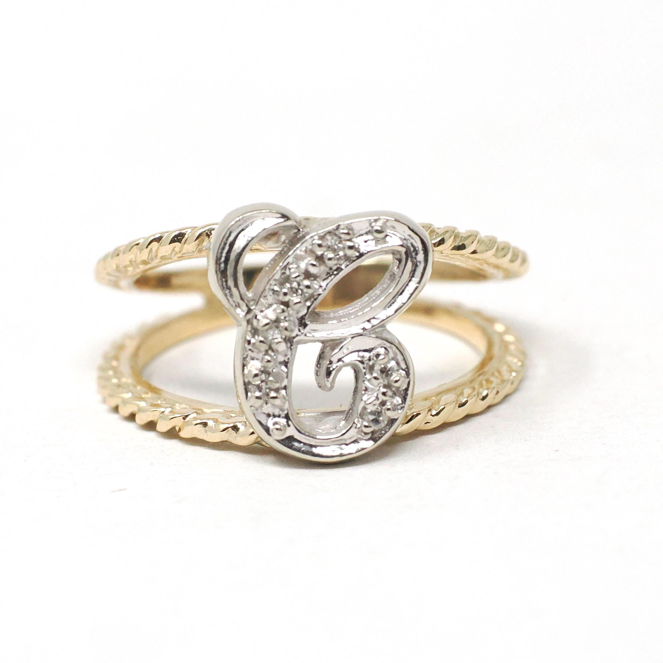Letter "C" Ring - Estate 14k Yellow & White Gold Initial Monogram Diamonds - Modern Circa 1990s Era Size 5 Statement Twisted Design Jewelry