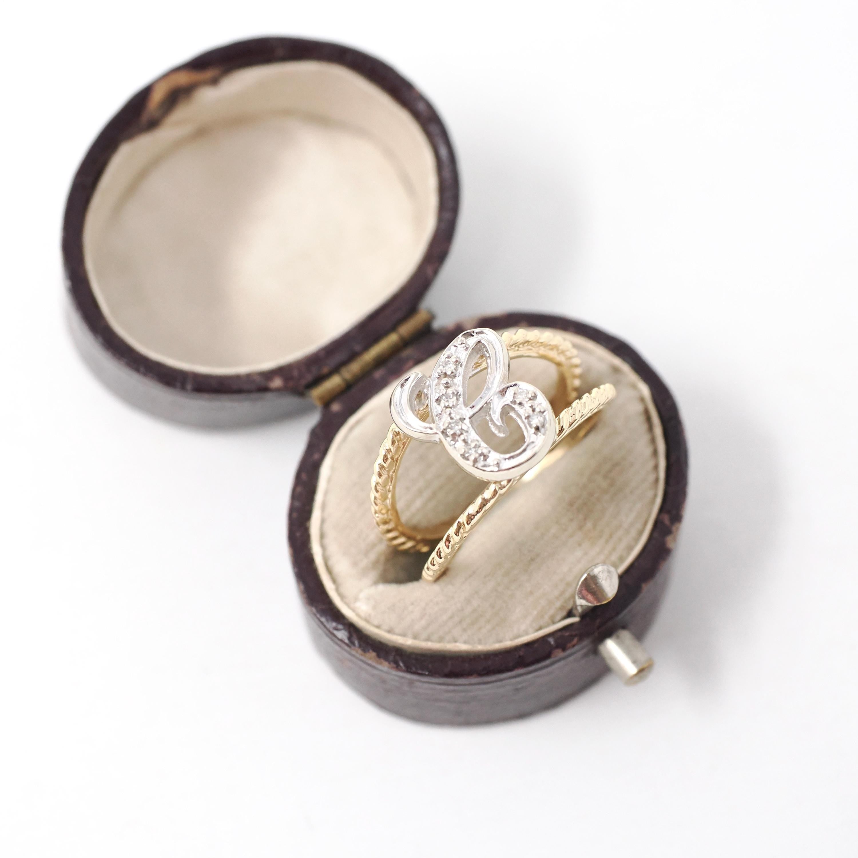 Letter "C" Ring - Estate 14k Yellow & White Gold Initial Monogram Diamonds - Modern Circa 1990s Era Size 5 Statement Twisted Design Jewelry