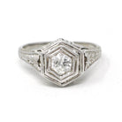 Vintage Diamond Ring - Art Deco 18k White Gold Natural .30 CT Solitaire Engagement - Circa 1930s Size 4 3/4 Hexagonal Filigree Fine Jewelry