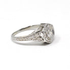 Vintage Diamond Ring - Art Deco 18k White Gold Natural .30 CT Solitaire Engagement - Circa 1930s Size 4 3/4 Hexagonal Filigree Fine Jewelry