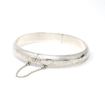 Vintage Bangle Bracelet - Retro Sterling Silver 7 Inch Flower Nature Inspired Design - Circa 1960s Era Statement Safety Chain 60s Jewelry