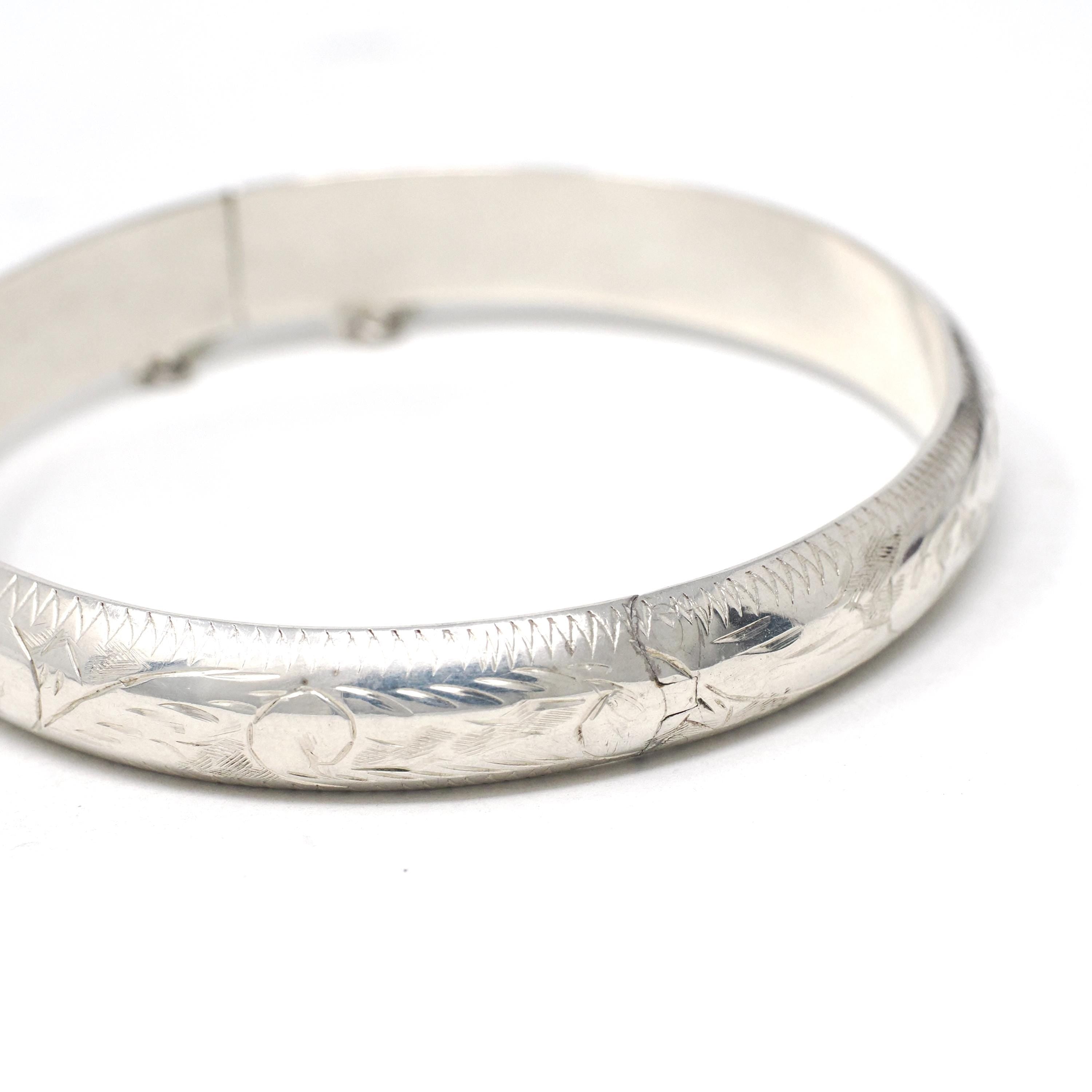 Vintage Bangle Bracelet - Retro Sterling Silver 7 Inch Flower Nature Inspired Design - Circa 1960s Era Statement Safety Chain 60s Jewelry