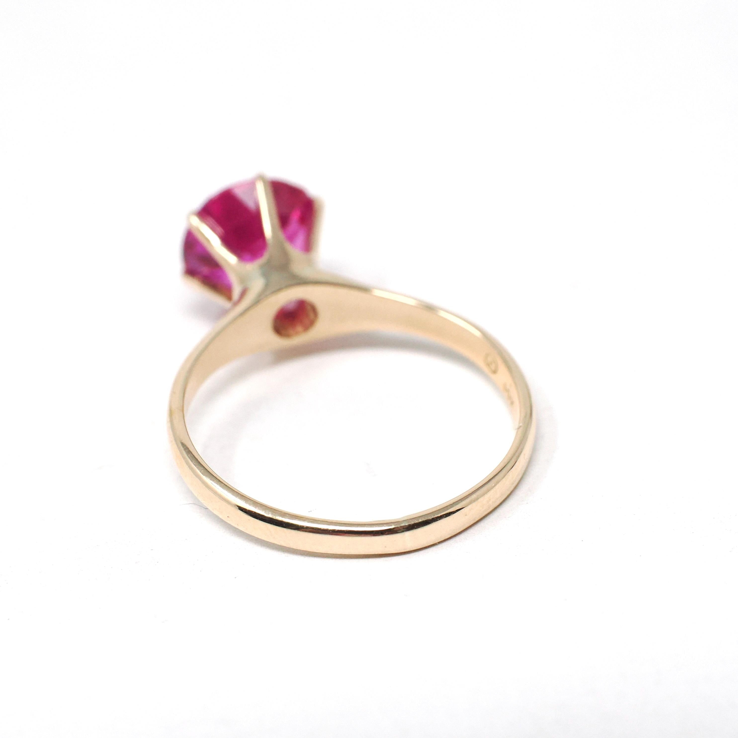 Created Ruby Ring - Mid Century 10k Yellow Gold Round Faceted 1.90 CT Red Pink Stone - Vintage Circa 1940s Era Size 5 3/4 Solitaire Jewelry