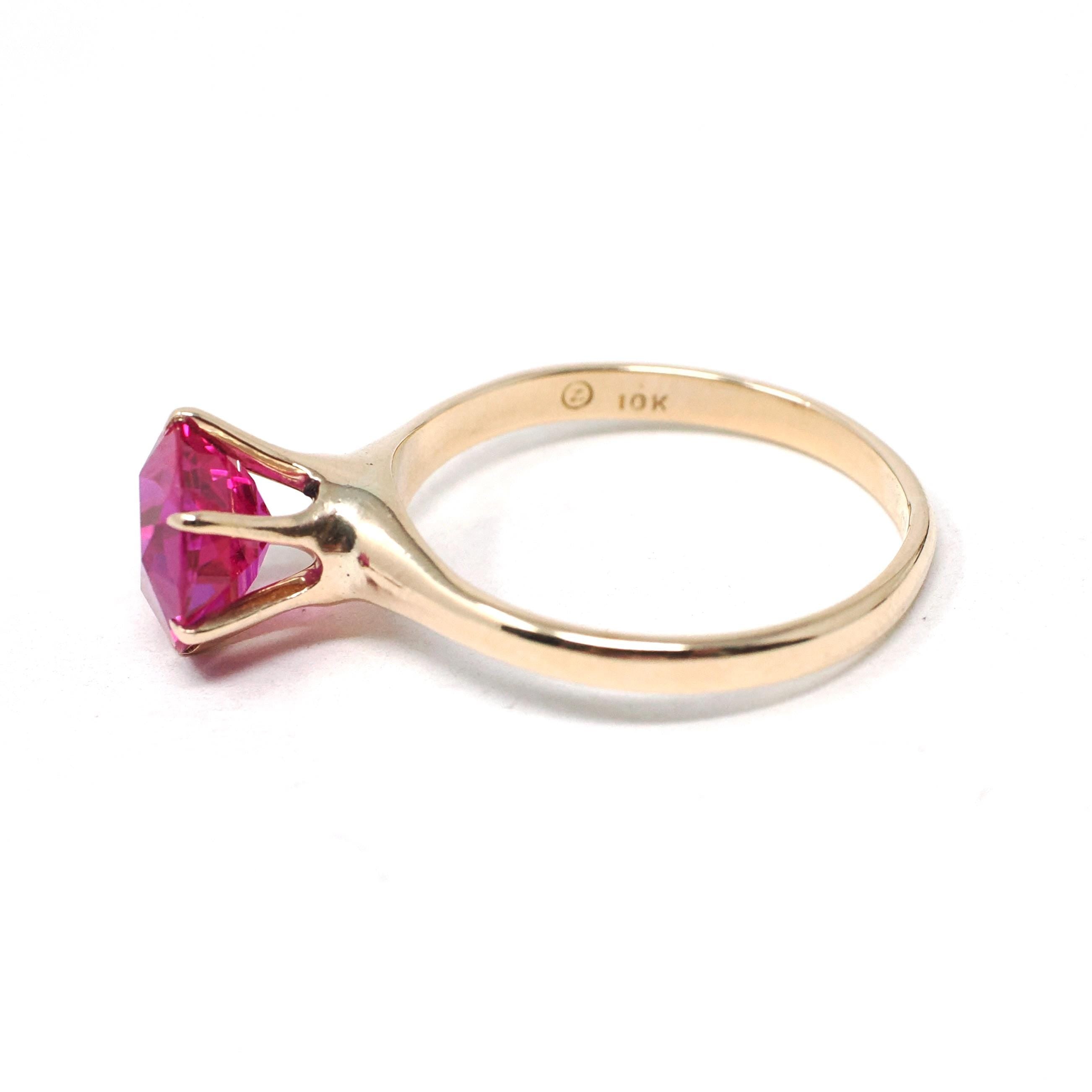Created Ruby Ring - Mid Century 10k Yellow Gold Round Faceted 1.90 CT Red Pink Stone - Vintage Circa 1940s Era Size 5 3/4 Solitaire Jewelry