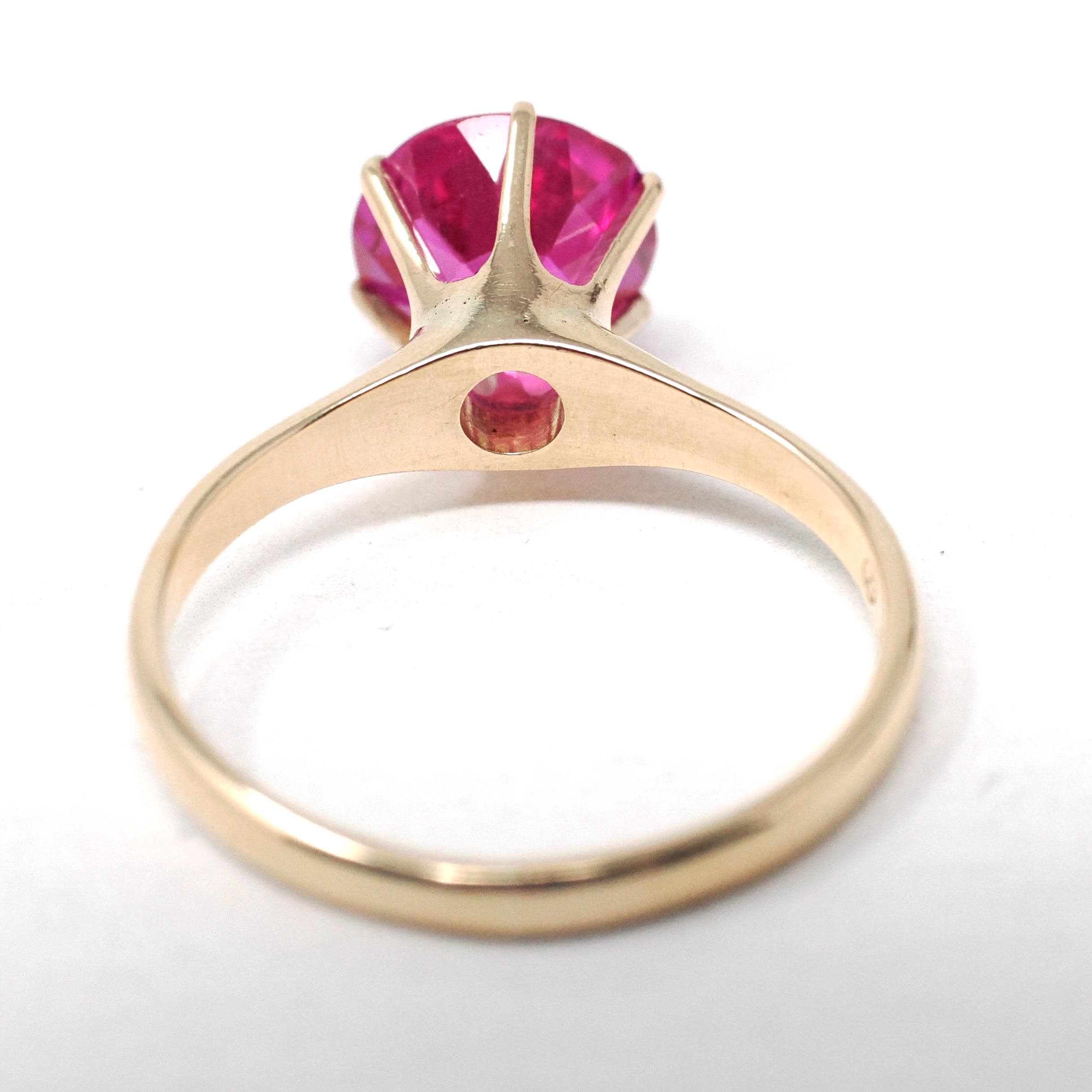 Created Ruby Ring - Mid Century 10k Yellow Gold Round Faceted 1.90 CT Red Pink Stone - Vintage Circa 1940s Era Size 5 3/4 Solitaire Jewelry