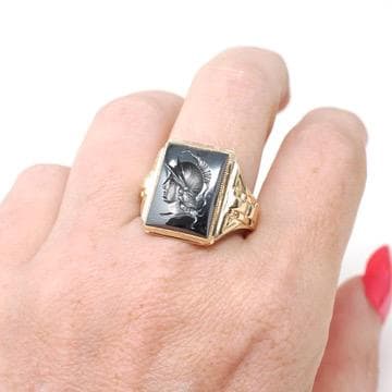 Vintage Hematite Ring - Mid Century 10k Yellow Gold Intaglio Carved Gray Gem - Circa 1940s Era Size 8 1/2 Statement Fine Unisex 40s Jewelry
