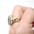 Vintage Hematite Ring - Mid Century 10k Yellow Gold Intaglio Carved Gray Gem - Circa 1940s Era Size 8 1/2 Statement Fine Unisex 40s Jewelry