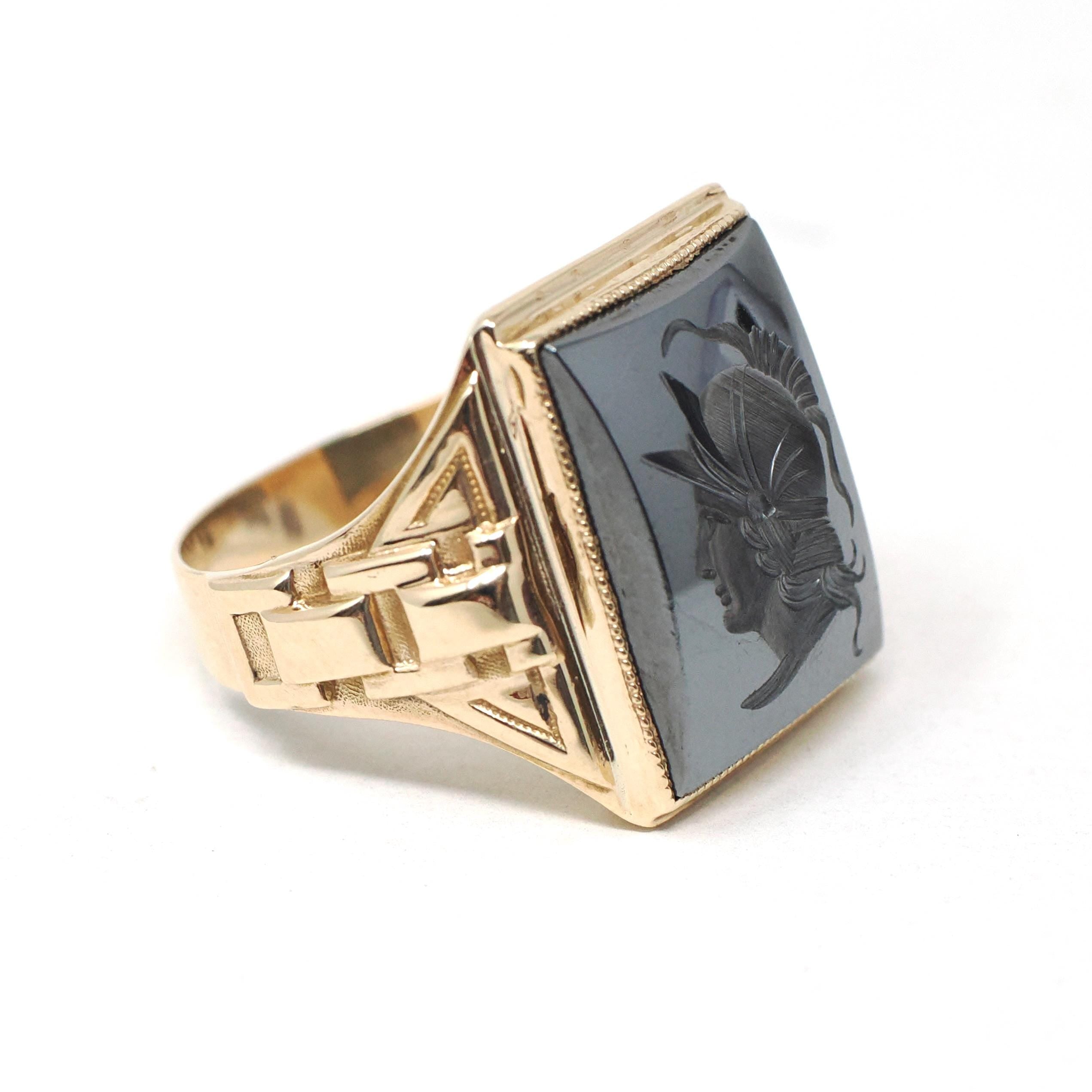 Vintage Hematite Ring - Mid Century 10k Yellow Gold Intaglio Carved Gray Gem - Circa 1940s Era Size 8 1/2 Statement Fine Unisex 40s Jewelry