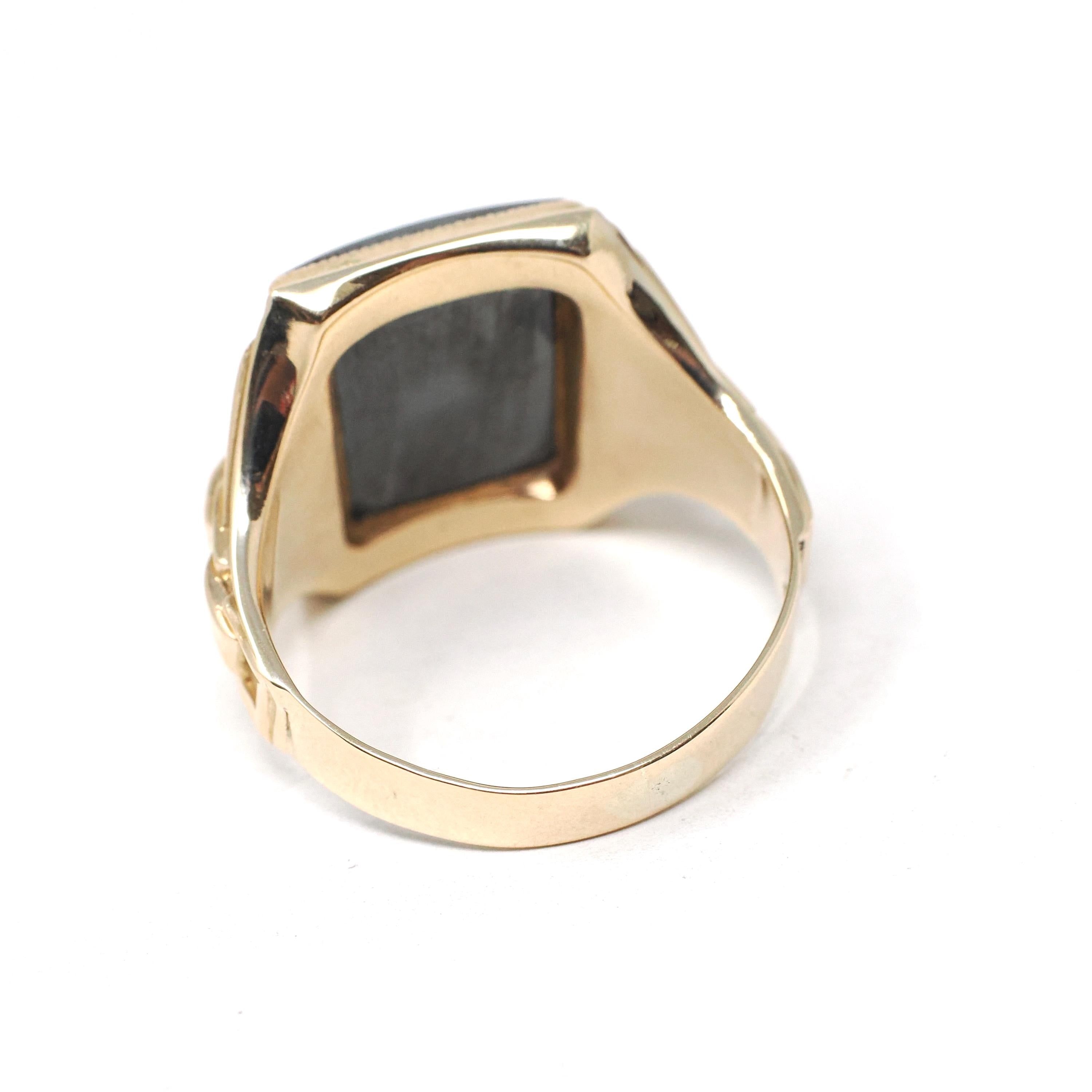 Vintage Hematite Ring - Mid Century 10k Yellow Gold Intaglio Carved Gray Gem - Circa 1940s Era Size 8 1/2 Statement Fine Unisex 40s Jewelry